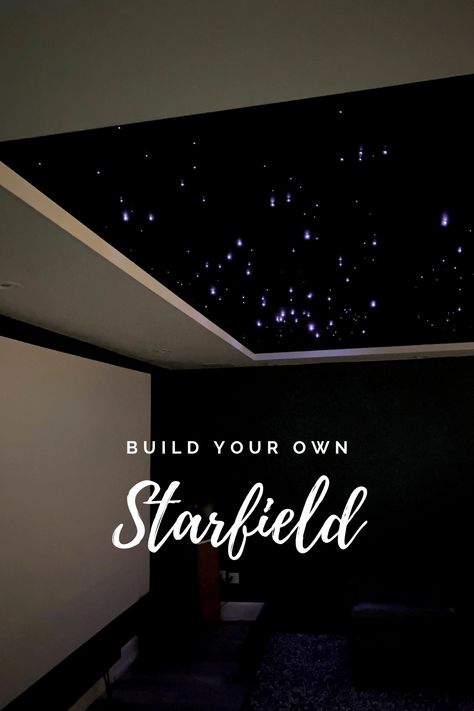 Starlight Bedroom Ideas, Led Lights Game Room Ceiling, Game Room Lighting Ideas Ceiling, Home Theater With Fireplace, Galaxy Ceiling Lights, New Home Technology, Theater Room Ceiling Ideas, Tray Ceiling Design Ideas, Home Theater Ceiling Design