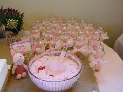 Tirsah's Shower:  I had seen the Piglet Punch idea on Pinterest and gave it my own twist.  This was a strawberry punch with ice cream. Pink Pooh Baby Shower Ideas, Piglet Themed Birthday Party, Baby Shower Food Ideas Winnie The Pooh, Winnie The Pooh Baby Shower Girl Ideas Decoration, Piglet Baby Shower Ideas, Punch With Ice Cream, Winnie The Pooh Baby Shower Ideas Food, Pink Winnie The Pooh Baby Shower, Pink Winnie The Pooh Baby Shower Ideas