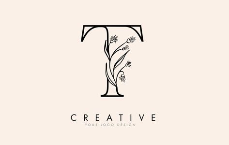 Black Outline T letter logo design with black flowers vector illustration. T Logo Design Letter, T Letter Logo Design, T Letter Logo, T Logo Design, Letter T Logo, Tt Logo, Hand Embroidery Letters, T Letter, Design With Letters