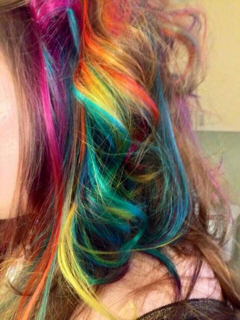 Rainbow hair in curls. Elumen goldwell color line. Wouldn't change it for the world. Professionals ONLY!!!!! Please pin with credit to me! Rainbow Stripe Hair, Rainbow Streaks In Hair, Short Rainbow Hair, Rainbow Highlights, Hair Rainbow, Hair Orange, Cute Hair Colors, Turquoise Hair, Dyed Hair Inspiration