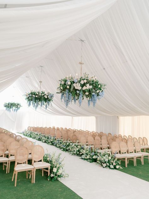 Blue And White Flower Arch Wedding, Mostly White Wedding Bouquet, Wedding Tent Entrance Flowers, White Wedding Aisle Runner, The Hamptons Wedding, Wedding Tent Flower Ceiling, Floral Wedding Aisle Outdoor, Aisle Runner Flowers, Tent For Wedding Reception