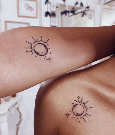 Moon And Sun Tattoos, Tattoo Ideas For Sisters, Cute Meaningful Tattoos, Sister Tats, Tiny Foot Tattoos, Meaningful Tattoo Ideas, Fantasy Tattoo, Creative Tattoo Ideas, Sisters Tattoo