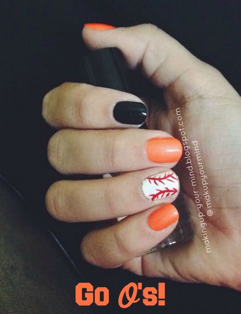 Orange And Black Baseball Nails, Softball Nail Designs, Baltimore Orioles Nails, Orioles Nails, Baseball Nail Designs, Basketball Nails, Baseball Nails, Pedi Ideas, Softball Mama