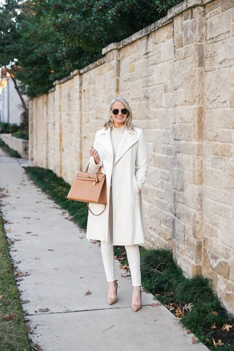 LAUREN RALPH LAUREN WOOL WRAP COAT HERMES KELLY 35 COURCHEVEL Long White Winter Coat, Peacoat Outfits, White Coat Outfit, Coats Outfits, Wool Coat Outfit, Ivory Outfit, White Pea Coat, Winter White Outfit, White Peacoat