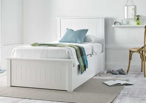 White Wooden Single Bed, Wooden Bed With Storage, White Wooden Bed, Wooden Ottoman, Wooden Bed Design, Ottoman Storage Bed, Single Bed Frame, White Bed, Ottoman Storage