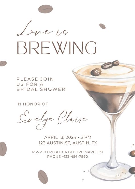 Editable Love is Brewing Bridal Shower Invitation Template Instant Download and Edit Coffee and Espresso Martini Theme Bridal Shower - Etsy Espresso Martini Engagement Party, Espresso Bachelorette Theme, Love Is Brewing Bridal Shower Ideas Espresso Martini, Cafe Bridal Shower Theme, Let Love Brew Bridal Shower Theme, Coffee Bridal Shower Theme Decor, Love Is Brewing Bridal Shower Theme, Espresso Martini Themed Bachelorette, Bridal Shower Themes For February