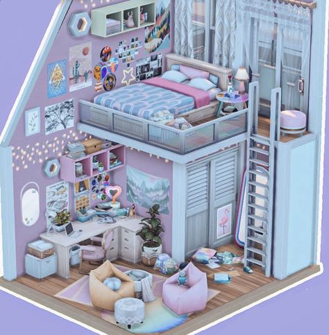 Sims Household Ideas, Sims 4 Dorm Room Ideas, Sims 4 University Dorm Cc, Sims 4 Ideas House, Sims 4 Loft Bed, 2 Story Bedroom, Sims 4 Room Ideas Bedrooms, Sims Rooms Ideas, Sims 4 Teen Bedroom