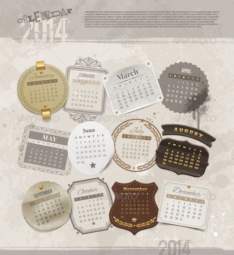 Grunge Vintage Calendar of 2014 Date Decor, Time Vector, Holiday Labels, Vintage Calendar, Grunge Vintage, Vector Character, Website Themes, Paper Pattern, Graphic Design Typography