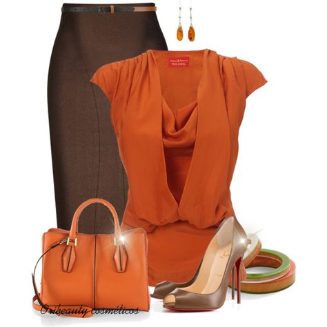 "Orange & Brown" by oribeauty-cosmeticos on Polyvore Brown Skirt, Work Style, Diva Fashion, Outfit Combinations, Dressy Outfits, Complete Outfits, Orange Brown, Work Attire, Office Work