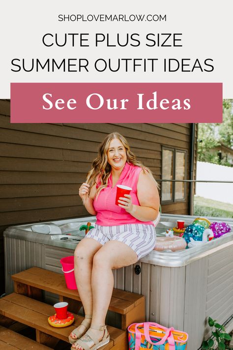 A woman wears a bright tank and linen shorts to show off her plus size summer style. She sits on the edge of a hot tub and enjoys a cold drink in a red solo cup. Plus Size Summer Outfit Ideas, Cute Plus Size Outfits, Plus Size Outfits For Summer, Plus Size Shorts Outfit, Everyday Outfits Summer, Fashion Over Fifty, Cute Plus Size, Outfits For Summer, Plus Size Summer Outfit