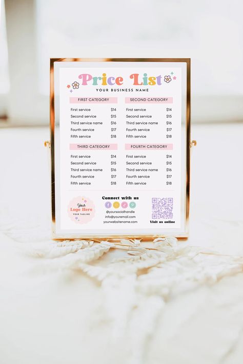 Floral Retro DIY Printable Price List Canva Template, Editable Pricing Sheet, Salon Price List, Pricing Guide, Printable Payment Sign, Becka - Etsy Price Signs Display Ideas, Salon Aesthetic, Payment Sign, Farmers Market Display, Retro Diy, Price List Design, Pricing Guides Templates, Price Signs, Salon Price List