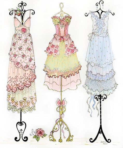 Happy Saturday! Hope that everyone has a beautiful day! ♡ This is a picture I drew of three lovely dresses. If I haven't said already I absolutely LOVE to draw dresses! :) #jenneliserose #artwork #illustration #originalart #drawing #fashionillustration #drawingofadress Fancy Nancy, Dress Forms, Vintage Couture, Fashion Design Sketches, Have A Beautiful Day, A Beautiful Day, Girly Art, May 7, Mode Vintage