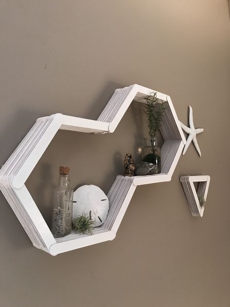 Popsicle stick shelves diy shelving tumblr aesthetic hexagon shelves Popsicle Stick Design, Aesthetic Popsicle Stick Crafts, Diy Popsicle Stick Crafts Wall Art, Popsicle Stick Shelf, Diy Cube Shelf, Homemade Shelves, Popsicle Stick Crafts For Adults, Popsicle Stick Diy, Diy Crafts Easy At Home