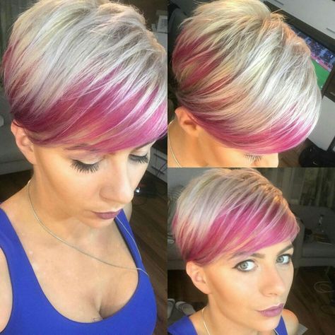 Pink And Blonde Pixie Hair, Pink Undercut Pixie, Bright Short Hair, Pink And Blonde Short Hair, Hair Color For Short Hair Pixie, Pixie Haircolor Ideas, Pixie Color Ideas, Pixie Cut Color Ideas, Pixie Hair Color Ideas