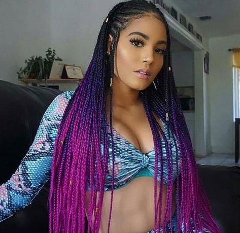 Purple Ombré Braids, Purple Ombre Box Braids, Braids 2024, Purple Box Braids, Pride Hair, Colorful Braids, Feather Braid, Ombre Box Braids, Tennis Skirt Outfits