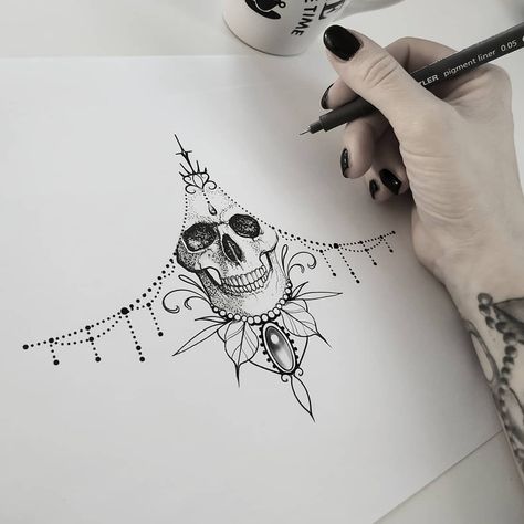 #sketchingday #skull #underboobtattoo #mandalalove #tattooforgirls #tattooart #dotwork #artlover #drawingtattoos #tattoodesign… Back Tattoo Women Spine, Sternum Tattoos, Sternum Tattoo Design, Underboob Tattoo Designs, Bauch Tattoos, Muster Tattoos, Inspiration Tattoos, Chest Tattoos For Women, Chest Piece Tattoos