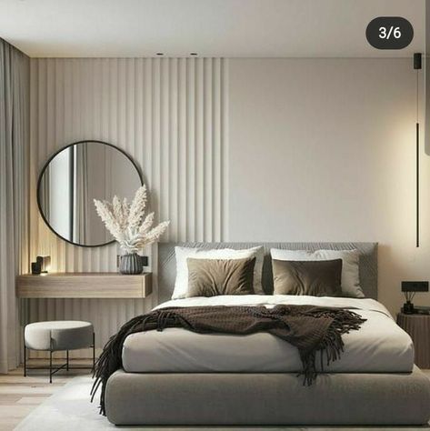 Grey Monochrome Bedroom, Mirror Near Bed, Flat Bedroom Ideas, Mirror Next To Bed, Mirror Beside Bed, Small Luxury Bedroom, Neutral Modern Bedroom, Black Modern Bedroom, Bed With Dresser