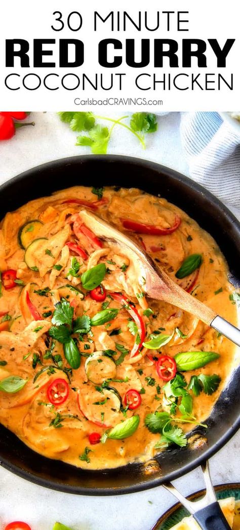 Thai Red Curry Chicken and Vegetables - Carlsbad Cravings Thai Red Curry Chicken Recipe, Thai Red Curry Chicken, Thai Curry Recipes, Red Curry Chicken, Carlsbad Cravings, Curry Dishes, Curry Chicken Recipes, Curry Recipe, Chicken Dinners