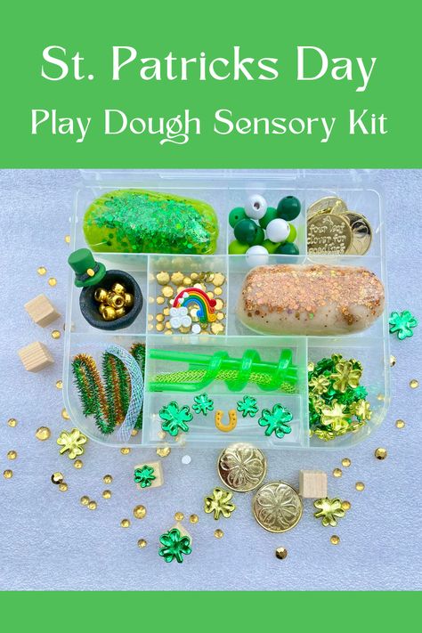 Bring the luck of the Irish home with this St. Patrick's Day play dough sensory kit to create the perfect leprechaun trap! Box Sensory Play, Playdough Sensory, Playdough Kit, Sensory Kits, Leprechaun Trap, Playdough Kits, Busy Boxes, St Pats, Sensory Bin