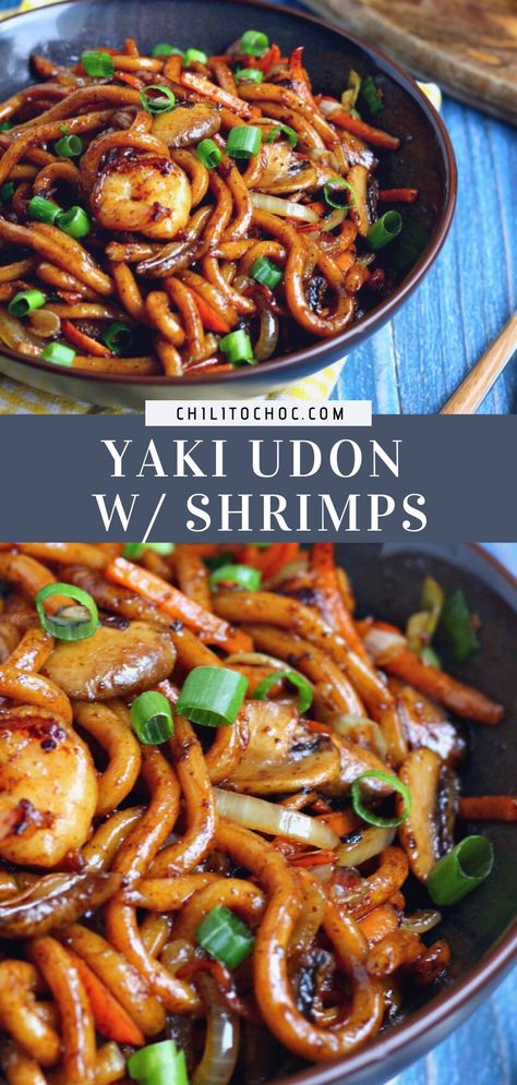 Shrimp Japanese, Noodles Shrimp, Stir Fried Noodles, Sliced Vegetables, Udon Noodles Recipe, Soy Sauce Rice, Recipes Japanese, Yaki Udon, Pasta Easy