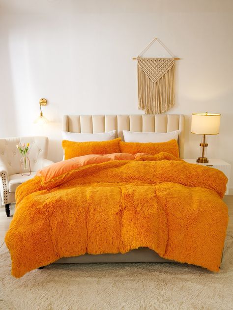 3pcs/set Orange Duvet Cover Set (1pc Comforter Cover, 2pcs Pillowcase), Polyester Fluffy Bedding Set For Home Orange Comforter, Small Bedroom Ideas For Women, Orange Duvet Covers, Pillow Case Bed, Fluffy Bedding, Bedroom Orange, Woman Bedroom, Comforter Cover, Bed Duvet Covers