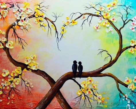 Original Abstract Acrylic Painting Canvas "Time Stands Still, Love Birds On Wire," signed but artist unknown. Birds Painting Acrylic Canvases, Love Birds Painting Acrylic, Couples Canvas Painting, Oil Painting App, Love Birds Painting, Simple Oil Painting, Painting Canvases, Love Bird, Love Canvas