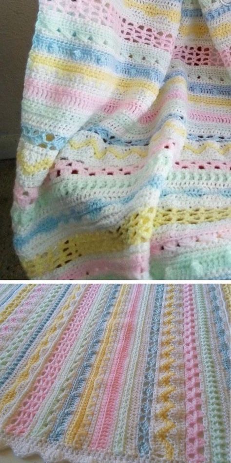 If you have your hand on some long bits of leftover yarn, this crochet blanket pattern is perfect for you. Paula R has designed a striped baby blanket that is a great zero waste project. The ideal situation would be to collect all pastel colored yarns. However, you do you, and if that means more contrasting hues, let it be. #freecrochetpattern #crochetpattern #crochetblanket #scrapscrochet #zerowastecrochet Striped Baby Blanket Crochet, Scrap Blanket, Crochet Vs Knit, Crochet Heart Blanket, Crochet Blanket Stitch Pattern, Crochet Patterns Baby Boy, Leftover Yarn, Striped Baby Blanket, Kids Crochet Pattern