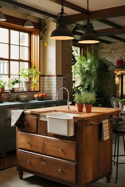 An old piece of furniture creatively transformed into a chic kitchen island idea. Kitchen Island Inspiration, Kitchen Island Ideas, Practical Kitchen, Amazing Kitchen, Island Ideas, Island Design, Stunning Kitchens, Old Furniture, Decor Tips