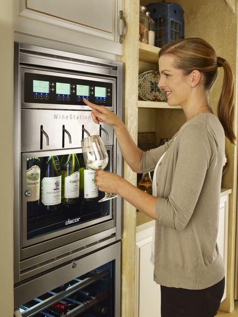 The Discovery WineStation® by Dacor® is the first product of its kind — a built-in, commercial-grade wine dispenser and preservation system for the home. It not only displays and dispenses fine wines, but keeps contents tasting just as the vintner intended for up to 60 days, even after opening. Expensive Kitchen, Wine Station, Bath Trends, Wine Dispenser, Pot Storage, Upstairs Loft, Kitchen Things, Kitchen Trends, Amazing Ideas