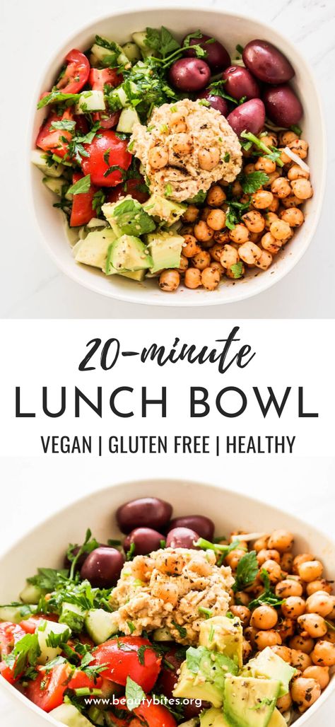 20-Minute Mediterranean Lunch Bowl! This healthy lunch idea is super tasty, very easy to make, vegan and gluten-free. If you’re eating healthy and making your meals ahead for the week, this clean eating vegan lunch bowl also comes with an easy meal prep option that will help you eat clean for the entire week! #lunch #Mediterranean #vegan #glutenfree Lunch Bowl Recipes, Chicken With Salad, Spicy Lunch, Mediterranean Lunch, Lunch Bowl Recipe, Lunch Bowls, Clean Eating Vegan, Healthy Lunch Ideas, Lunch Bowl