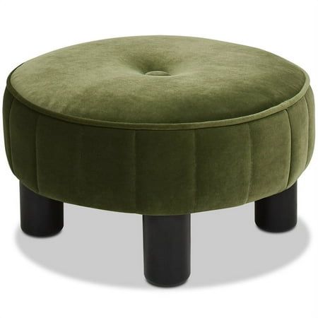 The Riley Footstool Collection by Jennifer Taylor Home is the perfect foot rest for anywhere in the home. The ergonomic height of this ottoman makes it convenient to rest your feet while sitting at your home office desk, living room sofa, or on your bed. The plush upholstered top is accented with a single button and vertical tufting along the sides. Features : Handmade by master furniture craftsmen for the highest level of quality Sturdy frame of kiln-dried solid birchwood and layered plywood pr Green Velvet Ottoman, Small Footstool, Olive Green Velvet, Footstool Ottoman, Round Footstool, Desk Living Room, Jennifer Taylor, Ottoman Styling, Mid Century Living Room