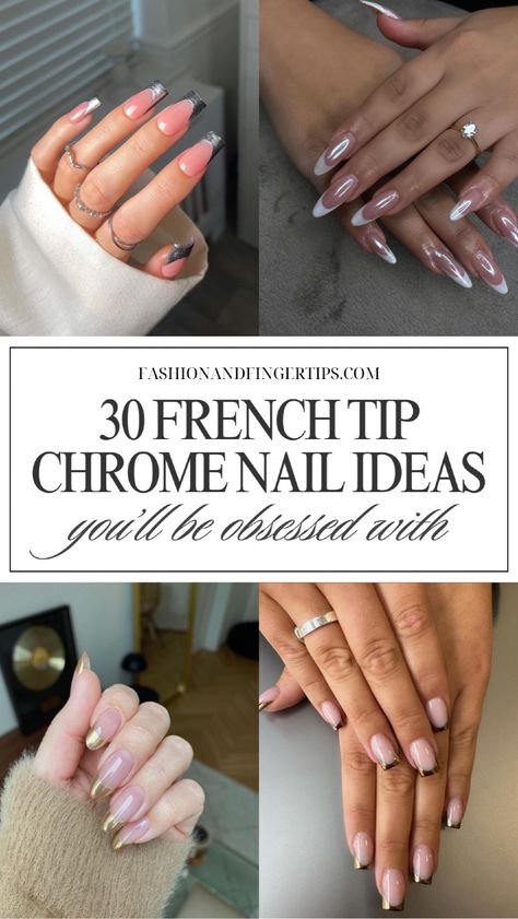 Discover trendy chrome French tip nail ideas with our 30 French tip chrome nail designs! Whether you love almond, square, coffin, or short chrome French tip nails, we’ve got chrome nails with pearls, gold, black, cherry, olive, or white. Find the perfect nail trends for your acrylic nail inspiration. Trendy nail ideas, classy nail ideas, French tip nail ideas Black French Tip Nails With Chrome, Short Chrome French Tip, French Nail Art Designs Classy, French Chrome Nails Designs, French Ombre Chrome Nails, Chrome Nails With Pearls, Nails Ideas Chrome, French Manicure Chrome, French Manicure With Chrome