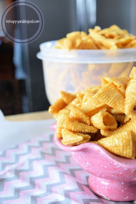 Easy Homemade Caramel Bugles | Be Happy and Do Good Caramel Bugles Recipe, Caramel Bugles, Bugles Snack Mix, Snacks Savory, Sweet Snack Mix, Easy Homemade Caramel, Cookie Brownies, Snack Mixes, Chex Mix Recipes