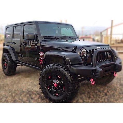 Black jeep Black Jeep Decor, Black And Pink Jeep Wrangler, Black And Pink Jeep, Jeep Wrangler Girly, Black Jeep Wrangler Unlimited, Emergency Checklist, Black Jeep Wrangler, Jeep Wrangler Girl, Jeep Baby