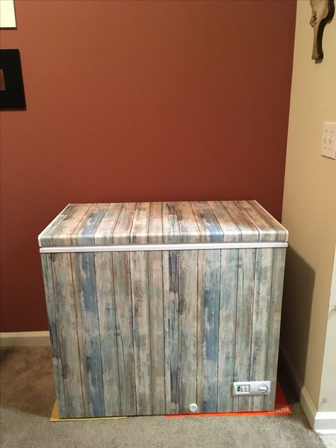 Chest freezer  I did this with wallpaper that was purchased at Walmart for about $30.. Super easy... It can be a solo job, but it is a lot easier if you have someone behind you doing the smoothing... Cover Deep Freezer, Deep Freezer Table, Vinyl Wrap Chest Freezer, Diy Chest Freezer Cover, Old Chest Freezer Ideas Repurpose, Diy Deep Freezer Cover Ideas, Hide Chest Freezer Ideas, Deep Freezer Makeover, Hidden Freezer Chest