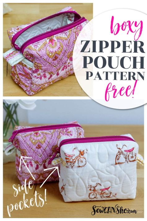 Boxy Zipper Pouch Pattern: Free and Fat Quarter Friendly! Zipper Pouch Pattern, Makeup Bag Pattern, Diy Pouch No Zipper, Cosmetic Bag Pattern, Boxy Bags, Pouch Diy, Pouch Sewing, Zipper Pouch Tutorial, Sewing Circles