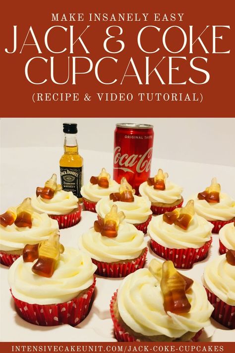 Jack and Coke Cupcakes, decorated with white frosting and Coca Cola bottle gummies. Coca Cola can and Jack Daniels bottle in background. Drunken Desserts, Coke Cupcakes, Alcoholic Cupcakes, Jack Daniels Cake, Cake Mix And Soda, Coke Cake, Cocktail Cupcakes, Infused Cupcakes, Cake Mix Cupcakes