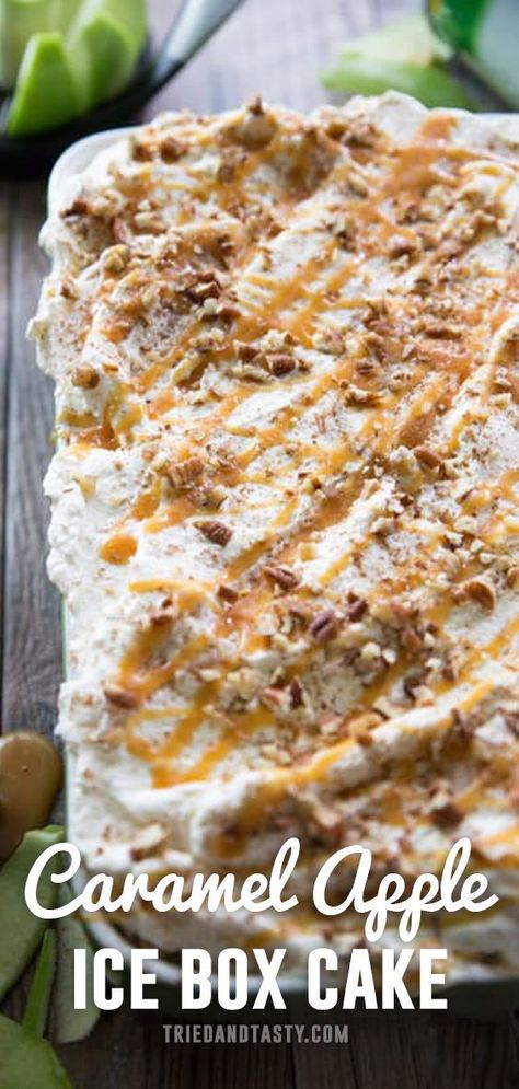 No Bake Caramel Apple Icebox Cake is perfect for your parties and get togethers this season. Light, fluffy & wonderfully decadent you'll immediately fall in love with this treat! #cheesecake #cake #dessert #food #foodie #yummy #homemade #desserts #cakes #baking #delicious #foodphotography #cheesecakelovers #sweet #cookies #birthdaycake #bakery #cheesecakes Caramel Apple Icebox Cake, Carmel Apple Ice Box Cake, No Bake Caramel Apple Cake, Apple Icebox Cake, Fall Ice Box Cake, Apple Cake Cheesecake, Apple No Bake Recipes, Christmas Ice Box Cake, No Bake Caramel Apple Delight