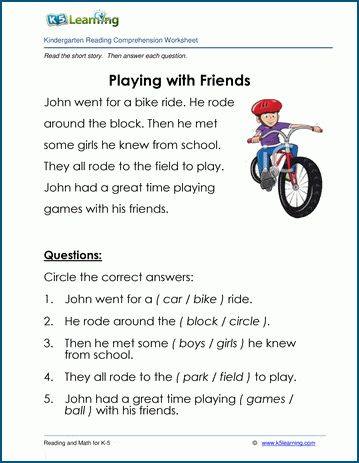 Playing with Friends - Children's Stories and Reading Worksheets | K5 Learning Vehicles Kindergarten, Kindergarten Reading Comprehension, Reading Comprehension For Kids, Worksheet For Kindergarten, Reading Comprehension Kindergarten, English Stories For Kids, Reading Comprehension Lessons, Reading Comprehension Questions, Children's Stories