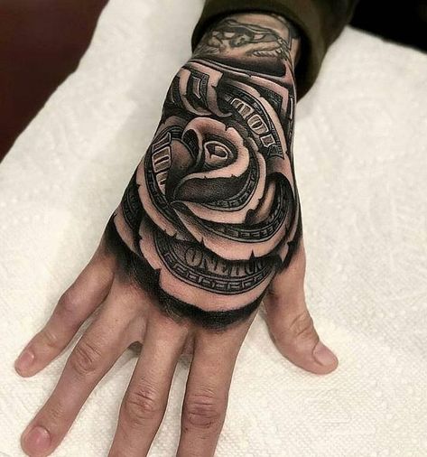 Money Rose Tattoo, Dollar Tattoo, Rose Hand Tattoo, Hand And Finger Tattoos, Money Tattoo, Hand Tats, Hand Tattoos For Women, Hand Tattoos For Guys, Badass Tattoos