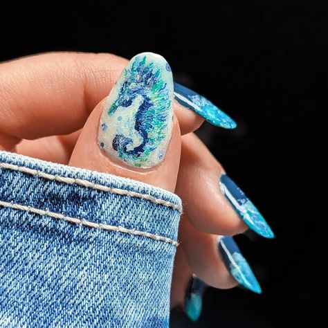 Seahorse Nails, Painted Seahorse, Free Hand, Turquoise Ring, Gel Nails, Nail Art, Turquoise, Hand Painted, Nails