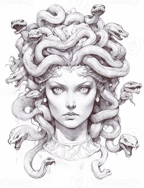 Snake Head Drawing Reference, Medusa Head Drawing, Snake Hair Drawing, Snake Head Reference, Head Tattoos Women, Snake Head Drawing, Snake Head Tattoo, Medusa Artwork, Medusa Design