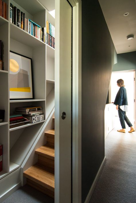 Loft Stairwell Concealed Door Loft Extension Bespoke Shelving Brockley Terrace Renovation Finished Attic Master Suite, Loft Conversion Stairs, Loft Conversion Bedroom, Loft Extension, Concealed Door, Loft Door, Loft Staircase, Small Staircase, Basement Guest Rooms