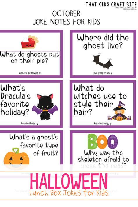 Free Printable Halloween Lunch Box Jokes for Kids  - ThatKidsCraftSite.com Jokes Hilarious Funny, Halloween Lunch Box, Halloween Playlist, Halloween Lunch, Lunchbox Jokes, Halloween Jokes, Lunchbox Notes, Halloween Baskets, Jokes Hilarious