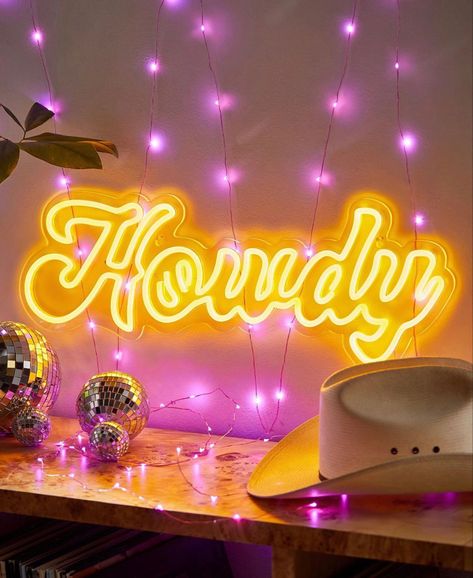 Disco Cowgirl Interior Design, Cowgirl Widgets, Funny Neon Signs, Howdy Aesthetic, Cute Neon Signs, Record Corner, Neon Signs Bedroom, Howdy Sign, Groovy Bedroom