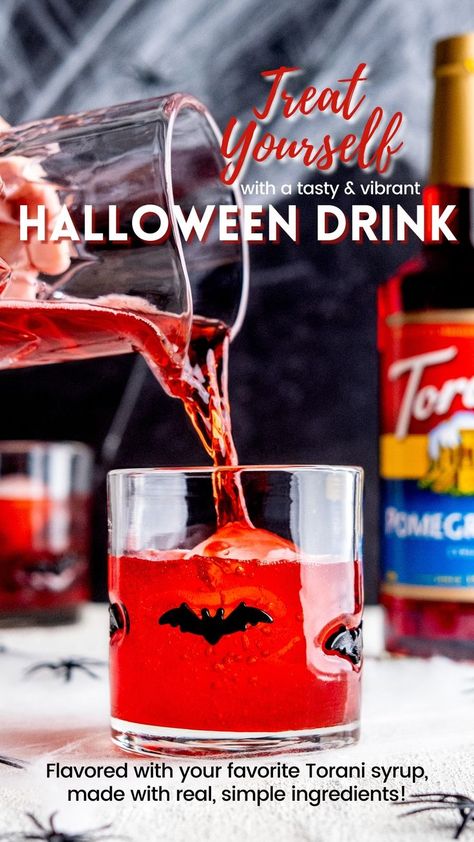 Pouring a pomegranate cherry mocktail into a bat glass with Torani bottle in background Halloween Drink Ideas, Torani Syrup Recipes, Torani Recipes, Pomegranate Syrup, Torani Syrup, Syrup Recipes, Cocoa Drink, Halloween Drink, Delicious Drink Recipes