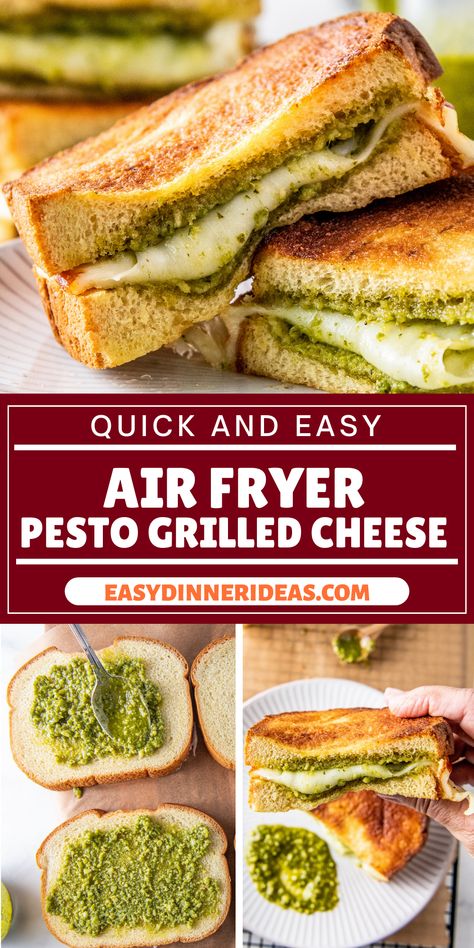 This is the best recipe to try if you're looking to dress up your grilled cheese! Air Fryer Pesto Grilled Cheese is so easy to make and the sandwich comes out perfectly toasted every time. Gooey cheese is paired with herby pesto for sandwich shop flavor right in your own kitchen! Pesto Mozzarella Grilled Cheese, Air Fryer Panini, Air Fryer Toasted Sandwich, Airfryer Grilled Cheese, Air Fryer Toasted Cheese Sandwich, Air Fryer Sandwich Recipes, Air Fryer Sandwiches, Grilled Cheese Air Fryer, Pesto Grilled Cheese Sandwich