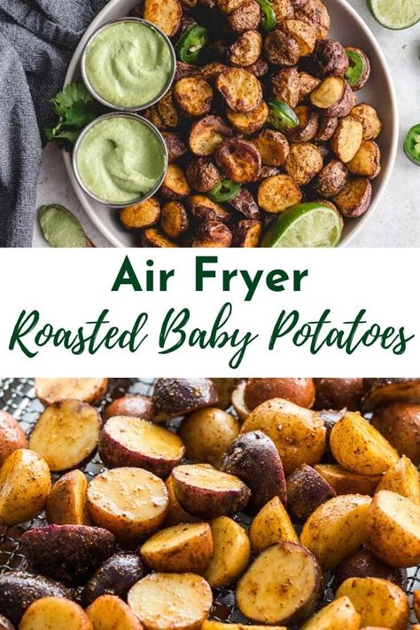 Air Fryer Baby Potatoes are easy to prep and roast up crispy and tender in the air fryer! All you need are a few simple ingredients and you can have this healthy side dish on the table in less than 25 minutes! #airfryer #airfryerpotatoes #babypotatoes #potatoes #sidedish Vegetables In Instant Pot, Dual Air Fryer Recipes, Pampered Chef Air Fryer Recipes, Airfryer Potatoes, Air Fryer Baby Potatoes, Air Fryer Roasted Potatoes, Loaded Smashed Potatoes, Pampered Chef Air Fryer, Vegan Dishes Easy