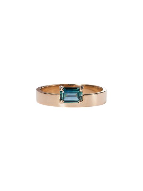 A signature WWAKE Monolith Ring featuring a stunning emerald cut teal sapphire set atop a thick gold band. Thick Gold Band, Teal Sapphire, A Signature, Gold Band, Emerald Cut, Gold Bands, Emerald, Sapphire, Band