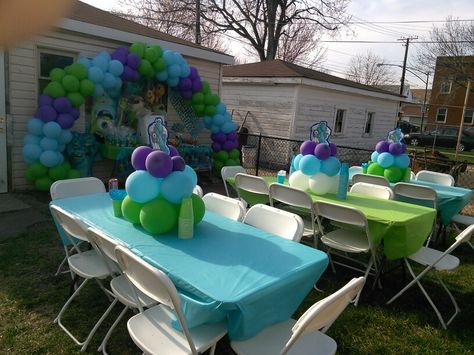 My son's Monster University Back yard Party set up Monster Inc Bday Party, Monsters Inc Centerpieces Diy, Monster Inc Table, Monsters Inc Party Decor, Monster Inc Centerpieces, Monsters Inc 2nd Birthday Party, Monster Inc Party Ideas, Monsters University Birthday Party Ideas, Monsters Inc Centerpieces